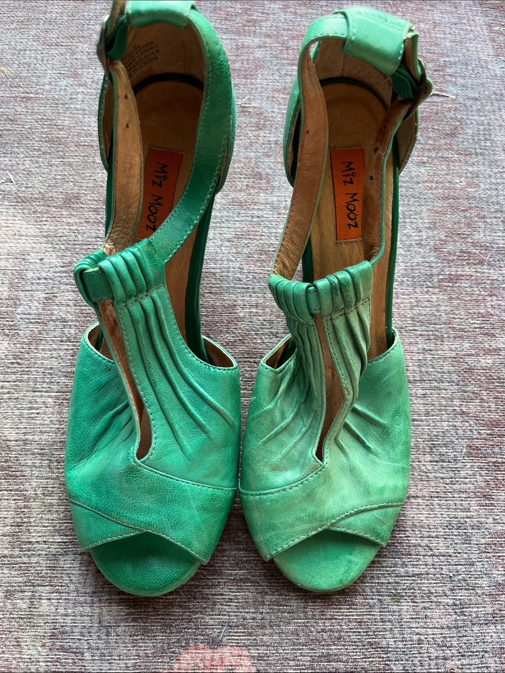Miz Mooz Emerald Green Leather Peep-Toe Ankle Strap Heels